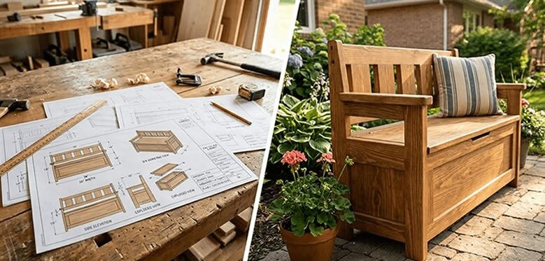 Ted's Woodworking plan blueprints and finished outdoor bench project — from plan to finished piece